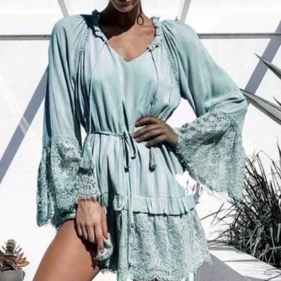 New Boho Lace Mint Floral Long Sleeve Gypsy Dress - Picture 2 of 7